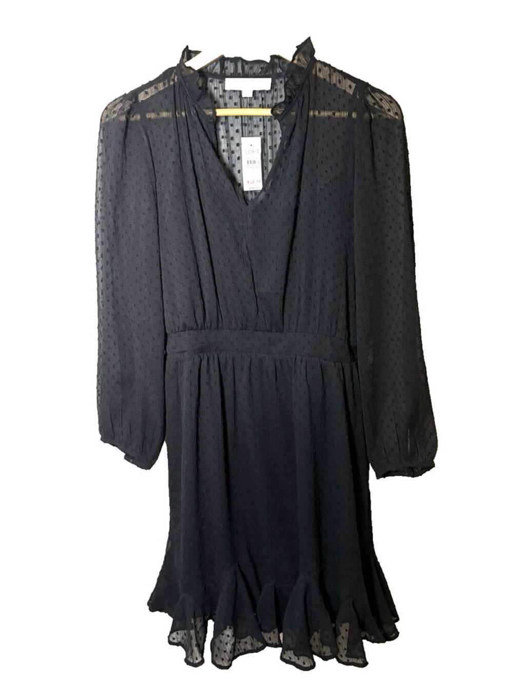 Loft NWT Clip Godet Mini Flare Dress Women’s 6 Black Ruffle Collar V-Neck Chic